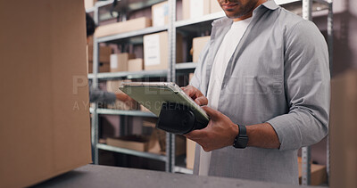 Buy stock photo Ecommerce, tablet and scan with hands in warehouse for courier inspection, shipping and supply chain. Online checklist, quality assurance and inventory management with person for distribution check