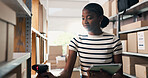 Scanner, tablet and black woman in office with logistics, ecommerce or distribution for online order. Equipment, digital technology and African entrepreneur with information for delivery with boxes.