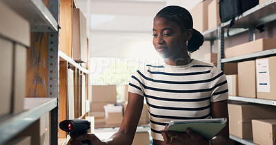 Buy stock photo Scanner, tablet and black woman in office with logistics, ecommerce or distribution for online order. Equipment, digital technology and African entrepreneur with information for delivery with boxes.