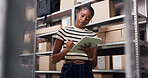 Shipping, tablet and stylus with black woman in warehouse for inspection, ecommerce and supply chain. Online checklist, quality assurance and inventory management with person for distribution