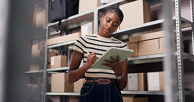 Buy stock photo Shipping, tablet and stylus with black woman in warehouse for inspection, ecommerce or supply chain. Online checklist, quality assurance or inventory manager with low angle of person for distribution