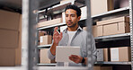 Ecommerce, clipboard and shelf with man in warehouse for inspection, shipping and supply chain. Delivery checklist, quality assurance and inventory management with person for distribution and stock