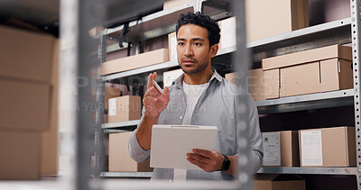 Buy stock photo Ecommerce, clipboard and shelf with man in warehouse for inspection, shipping and supply chain. Delivery checklist, quality assurance and inventory management with person for distribution and stock