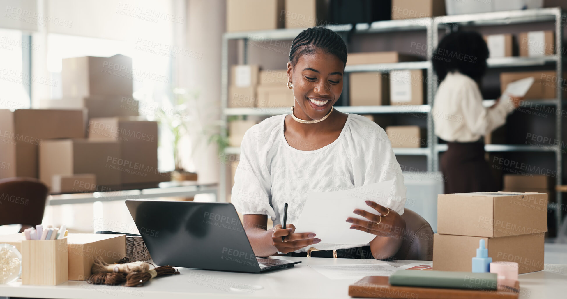 Buy stock photo Happy woman, documents or logistics with laptop for small business startup or invoice in store. Female person, entrepreneur or smile with paperwork, boxes or bill for online order or shipping service
