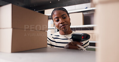 Buy stock photo Scanner, boxes and black woman in office with logistics, ecommerce or distribution for online order. Equipment, industry and African female entrepreneur with information for delivery with package.
