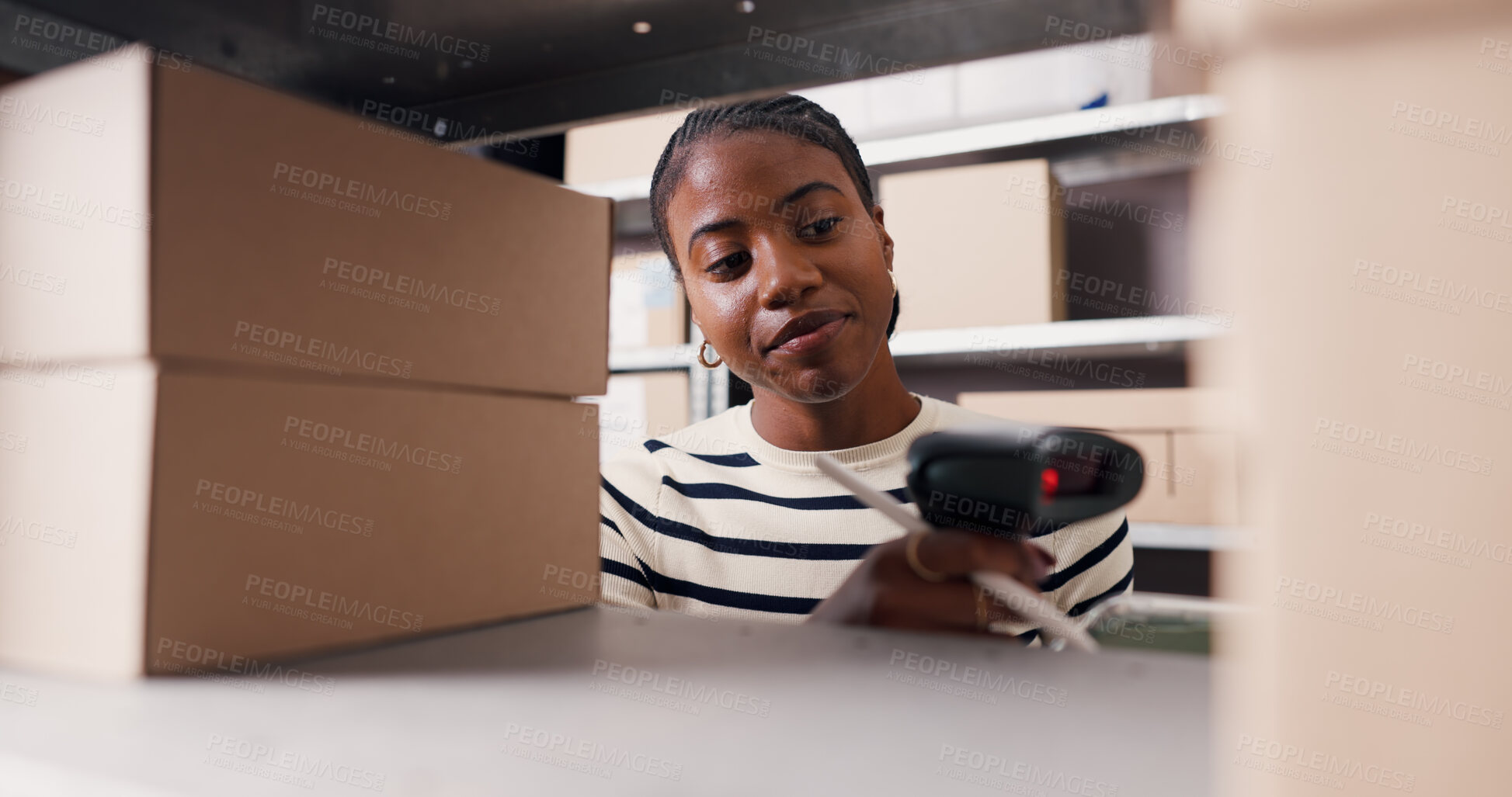Buy stock photo Scanner, boxes and black woman in office with logistics, ecommerce or distribution for online order. Equipment, industry and African female entrepreneur with information for delivery with package.