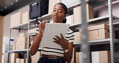 Buy stock photo Ecommerce, clipboard and writing with black woman in warehouse for inspection, shipping and supply chain. Delivery checklist, quality assurance and inventory management with person for distribution