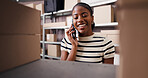 Smile, black woman and phone call for logistics in warehouse for schedule, chat and contact supplier. Person, mobile and talking for shipping order, supply chain and customer inquiry for distribution