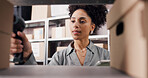 Scanner, cargo and black woman in office with logistics, ecommerce or distribution for online order. Equipment, industry and African female entrepreneur with information for delivery with boxes.