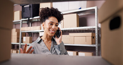 Buy stock photo Woman, talk and phone call for logistics in warehouse for with feedback, contact supplier and schedule. Female person, boxes and mobile for discussion, supply chain and order inquiry for distribution