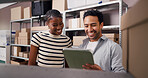 Logistics, team or happy with tablet in storage for inventory management, stock control and shipping. Small business, people and backlog database for package inspection, supply chain or distribution