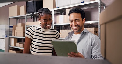 Buy stock photo Logistics, team or happy with tablet in storage for inventory management, stock control and shipping. Small business, people and backlog database for package inspection, supply chain or distribution