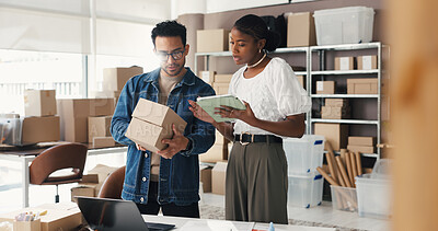 Buy stock photo Talking, boxes and people on tablet for supply chain, online orders and shipping website in office. Small business, team and man with woman on tech for logistics, delivery schedule and distribution