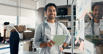 Buy stock photo Glass wall, logistics and man with tablet for thinking, ecommerce ideas or analysis. Technology, smile and entrepreneur with board for shipping, distribution strategy and vision with graphs in office