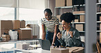 People, cheering and laptop for ecommerce startup with good news, online sales and order success. Excited, women and pc for delivery achievement, shipping deal and celebration of logistics promotion
