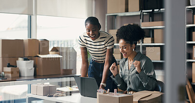 Buy stock photo People, cheering and laptop for ecommerce startup with good news, online sales and order success. Excited, women and pc for delivery achievement, shipping deal and celebration of logistics promotion
