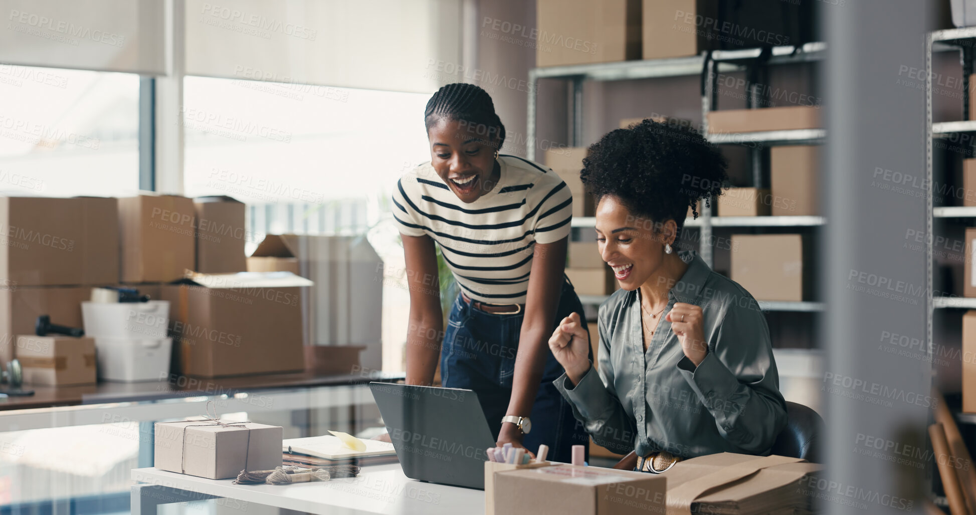 Buy stock photo People, cheering and laptop for ecommerce startup with good news, online sales and order success. Excited, women and pc for delivery achievement, shipping deal and celebration of logistics promotion