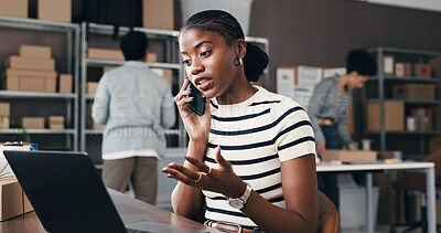Buy stock photo Phone call, laptop and black woman in office with supply chain, ecommerce or order confirmation. Computer, cellphone and African female entrepreneur on mobile discussion for distribution service.