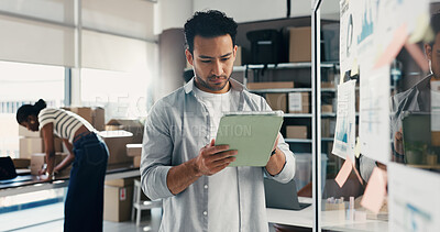 Buy stock photo Glass wall, logistics and man with tablet for planning, ecommerce ideas or analysis. Technology, reading and entrepreneur in startup for distribution strategy, shipping or business graphs in office