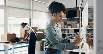 Buy stock photo Shipping, woman and writing on glass wall with tablet, ecommerce ideas or analysis. Tech logistics and entrepreneur with sticky note for distribution strategy, startup planning and graphs in office