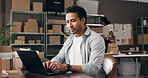 Logistics, man and typing on laptop in small business to track delivery, process order or shipping. Supply chain staff, person or tech in warehouse for inventory control, procurement email or reviews