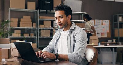 Buy stock photo Logistics, man and typing on laptop in small business to track delivery, process order or shipping. Supply chain staff, person or tech in warehouse for inventory control, procurement email or reviews