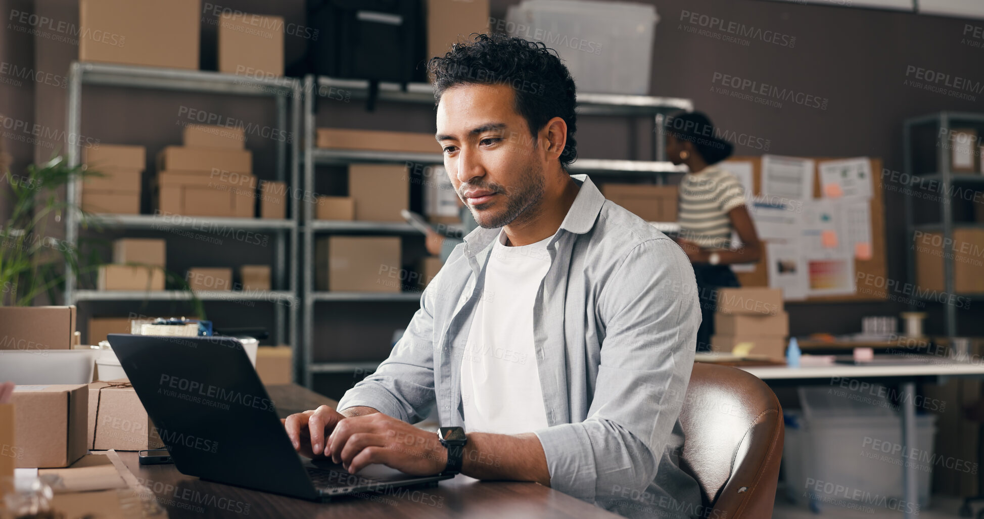 Buy stock photo Logistics, man and typing on laptop in small business to track delivery, process order or shipping. Supply chain staff, person or tech in warehouse for inventory control, procurement email or reviews