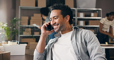 Buy stock photo Phone call, happy and businessman in office with logistics, ecommerce or online order confirmation. Smile, cellphone and male entrepreneur on mobile discussion for distribution service in workplace.