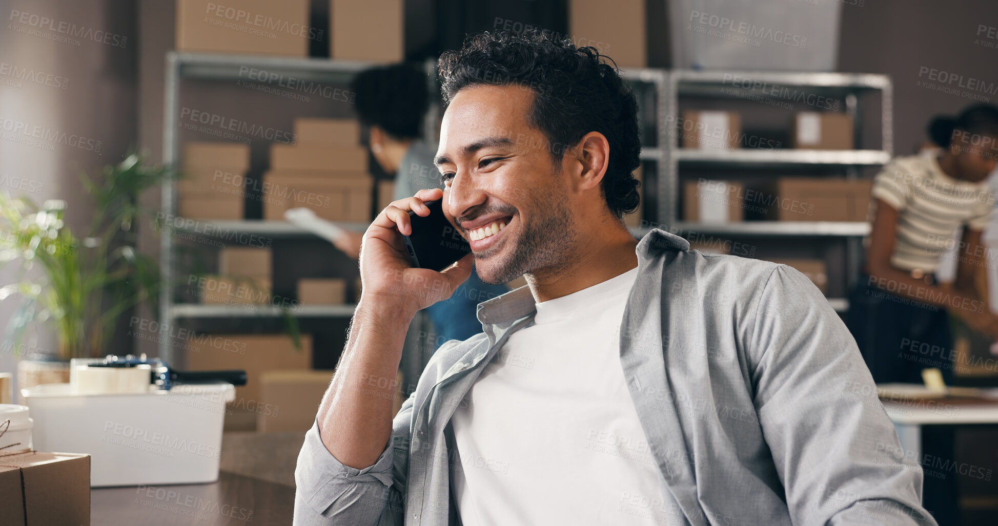 Buy stock photo Phone call, happy and businessman in office with logistics, ecommerce or online order confirmation. Smile, cellphone and male entrepreneur on mobile discussion for distribution service in workplace.