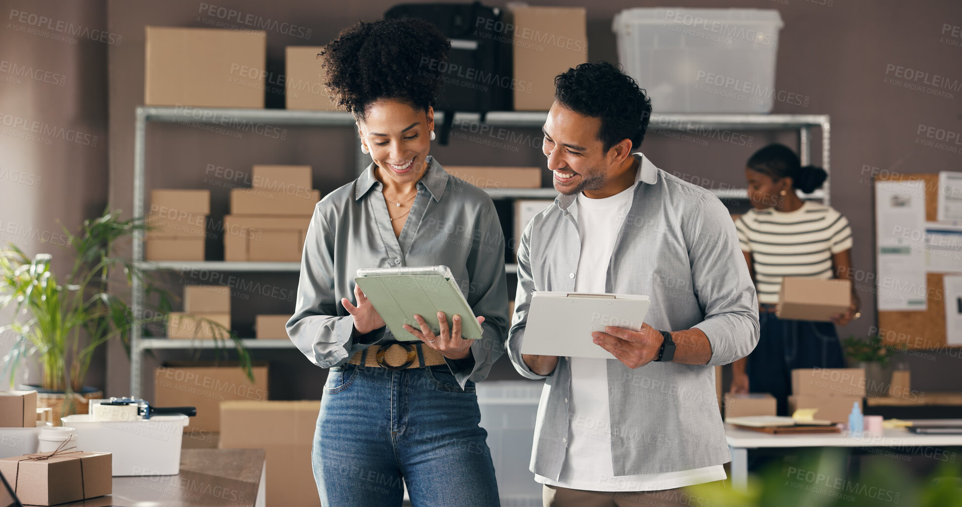 Buy stock photo People, talk or tablet with clipboard for ecommerce, logistics feedback or stock control in office. Happy team, checklist and tech with discussion for supply chain, shipping and inventory management.