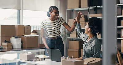 Buy stock photo People, high five and laptop for ecommerce startup with good news, online sales and order success. Happy, women and pc for delivery achievement, shipping deal and celebration of logistics promotion