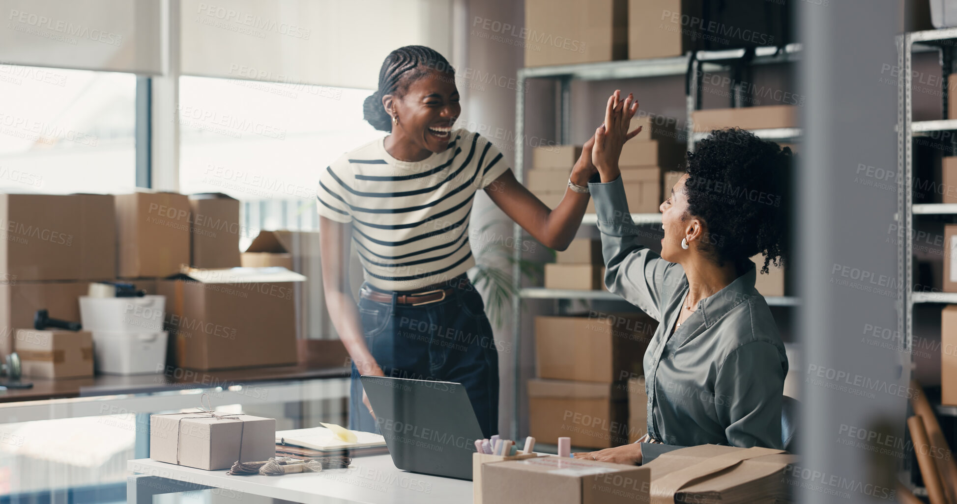 Buy stock photo People, high five and laptop for ecommerce startup with good news, online sales and order success. Happy, women and pc for delivery achievement, shipping deal and celebration of logistics promotion