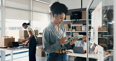 Buy stock photo Glass wall, logistics and woman with tablet for planning, ecommerce ideas or analysis. Technology, reading and entrepreneur with board for shipping, distribution strategy or business graphs in office