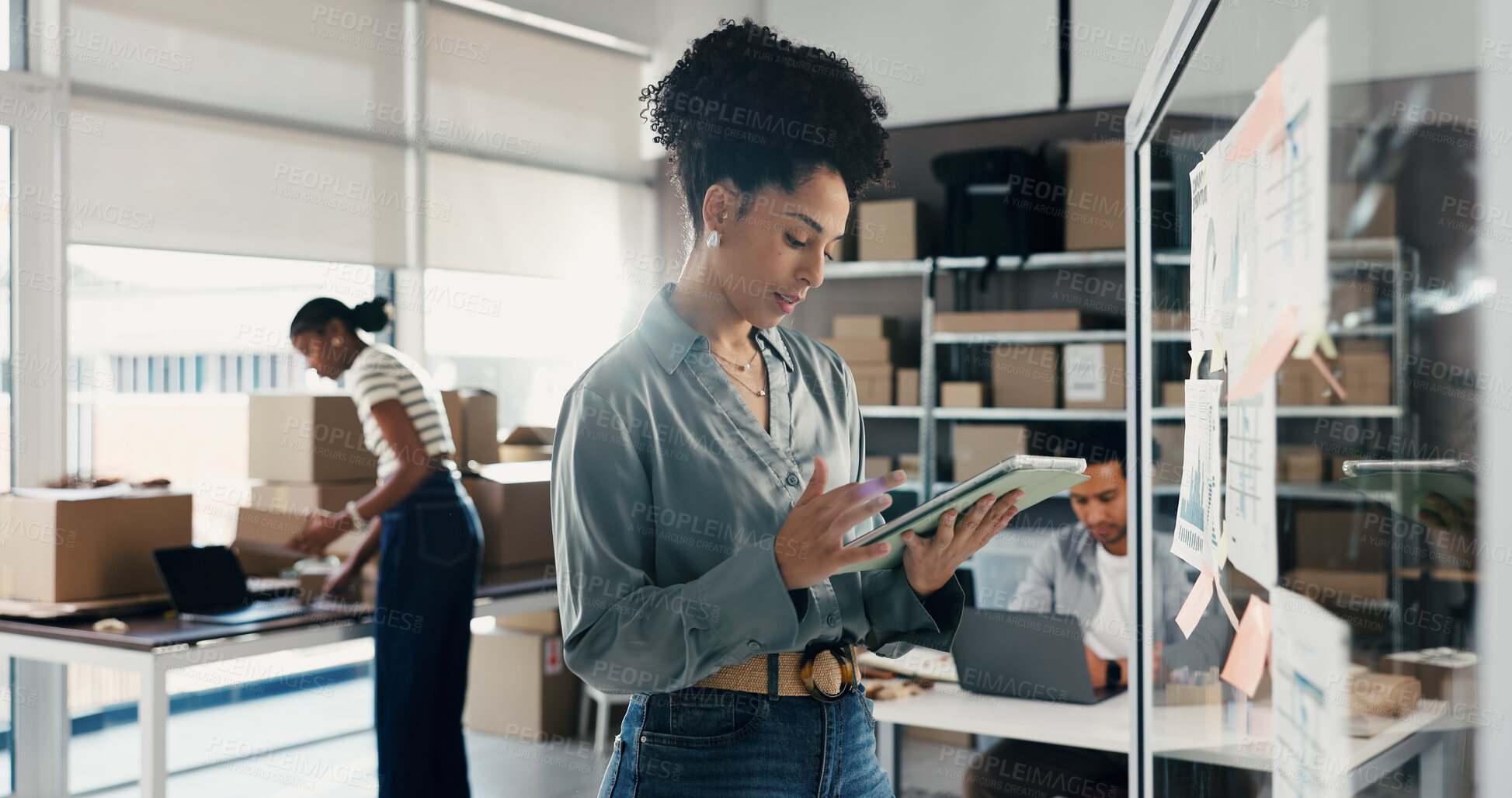 Buy stock photo Glass wall, logistics and woman with tablet for planning, ecommerce ideas or analysis. Technology, reading and entrepreneur with board for shipping, distribution strategy or business graphs in office