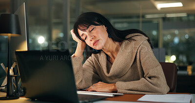 Buy stock photo Sleep, night or woman in office with laptop, overworked or brain fog in marketing project. Nap, fatigue and creative director in agency with tech, task deadline and low energy in late shift.