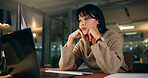 Bored, night or woman in agency with laptop, thinking or brain fog in marketing project. Fatigue, bokeh and creative director in office with tech, task deadline and report burnout in late shift.