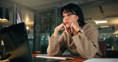 Buy stock photo Bored, night or woman in agency with laptop, thinking or brain fog in marketing project. Fatigue, bokeh and creative director in office with tech, task deadline and report burnout in late shift.