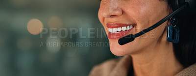 Buy stock photo Call center, consultant and mouth of business woman in office for security, emergency hotline or night. Banner space, dispatch operator or alarm verification specialist with person and overtime bokeh