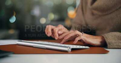 Buy stock photo Hands, typing and business woman in office for report, email response and feedback. Keyboard, drafting proposal and research with employee for proofreading, review and editing publication with bokeh