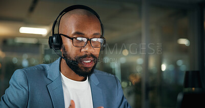 Buy stock photo Call center, consultant and business black man in office for security, emergency hotline and night. Virtual advisor, dispatch operator and alarm verification specialist with person and overtime