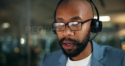 Buy stock photo Call center, headset and business black man in office for security, emergency hotline and night. Virtual advisor, dispatch operator and alarm verification specialist with person and overtime