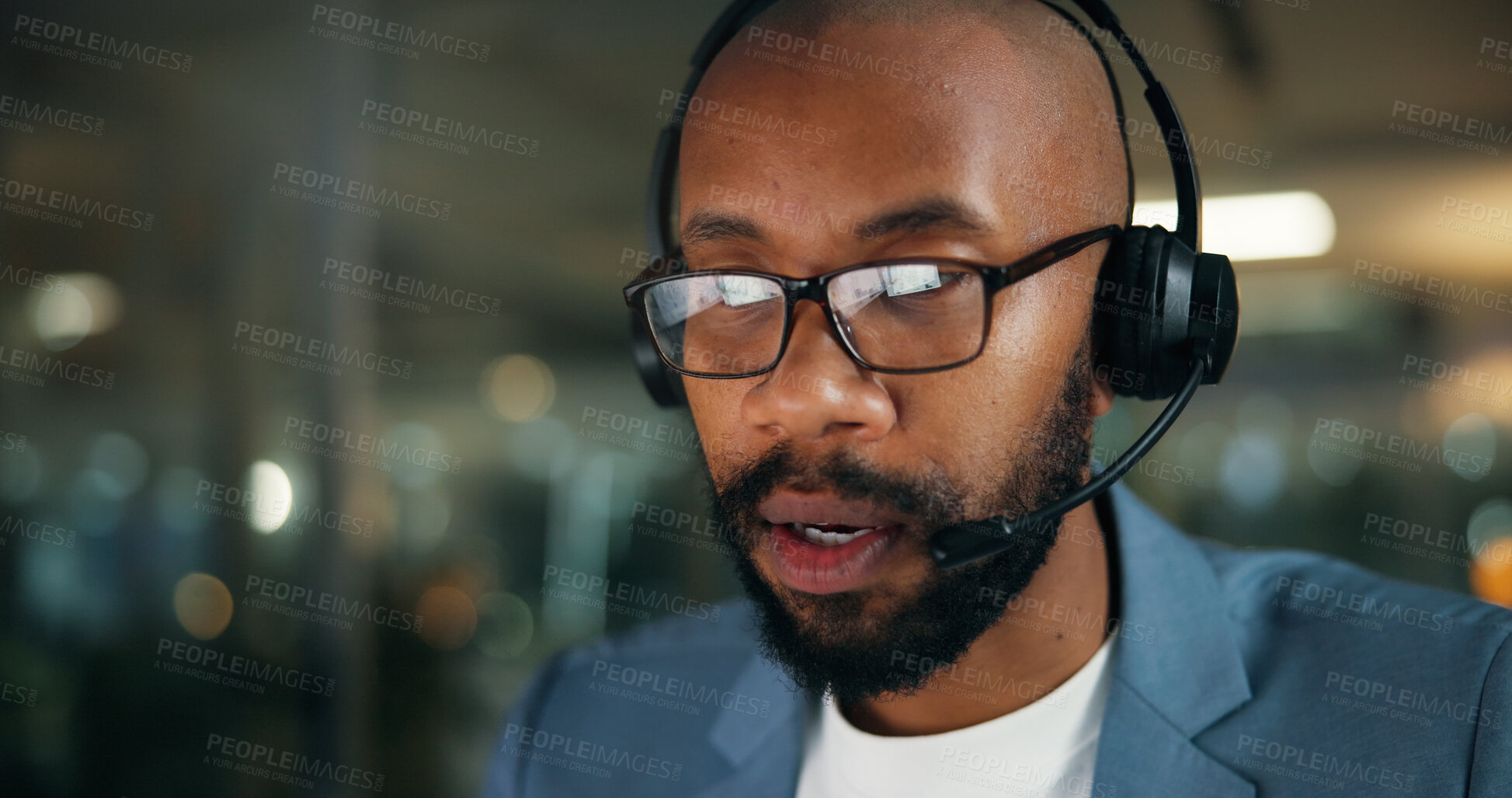 Buy stock photo Call center, headset and business black man in office for security, emergency hotline and night. Virtual advisor, dispatch operator and alarm verification specialist with person and overtime