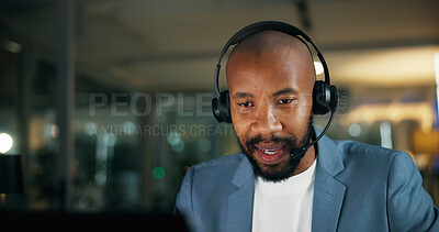 Buy stock photo Call center, agent and business black man in office for security, emergency hotline and night. Virtual advisor, dispatch operator and alarm verification specialist with person and overtime consultant