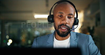 Buy stock photo Call center, laptop and business black man in office for security, emergency hotline and night. Virtual advisor, dispatch operator and alarm verification specialist with male person and overtime
