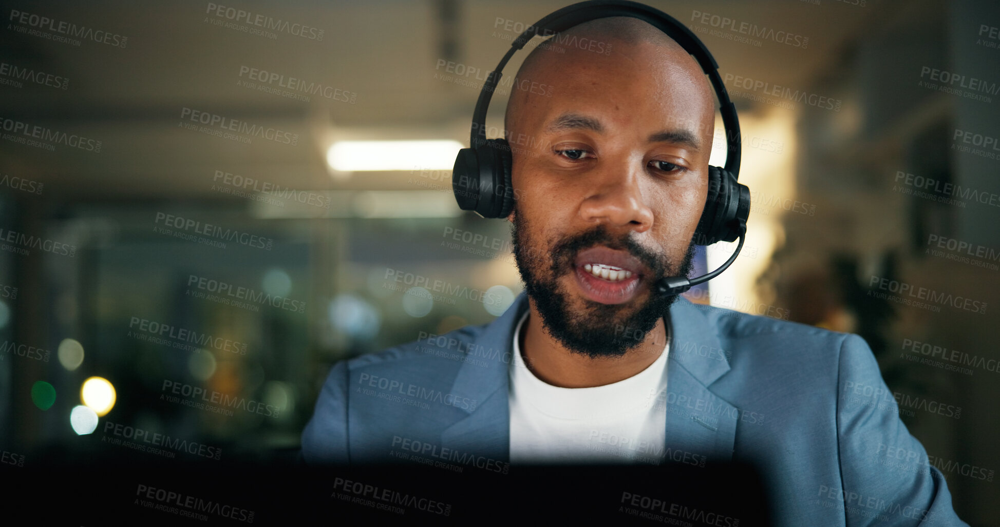 Buy stock photo Call center, laptop and business black man in office for security, emergency hotline and night. Virtual advisor, dispatch operator and alarm verification specialist with male person and overtime