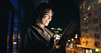 Happy, businesswoman and tablet on balcony at night for portfolio review, client email or bokeh. Financial advisor, mature person or tech in city for market report, economy news or overtime at office