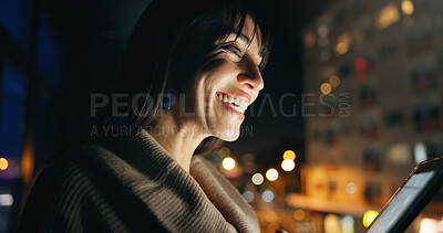 Buy stock photo Tablet, happy and businesswoman in city at night with communication for finance review. Digital technology, bokeh and female financial manager with email for investment proposal in urban town.