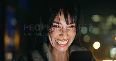 Buy stock photo Phone, smile and reading with business woman at night for communication, research and overtime. Networking app, text message and deadline with mature person and tech for contact, connection and bokeh