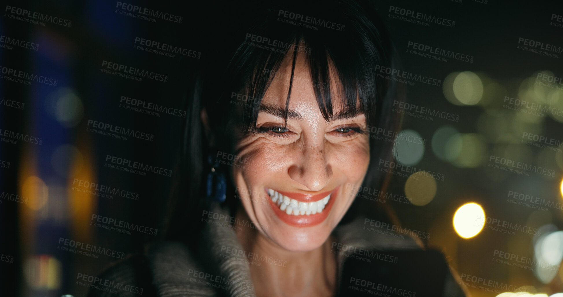 Buy stock photo Phone, smile and reading with business woman at night for communication, research and overtime. Networking app, text message and deadline with mature person and tech for contact, connection and bokeh