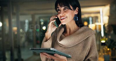 Buy stock photo Tablet, business woman and phone call at night for client negotiation, investment deal and feedback. Finance manager, mature person and contact global investor for funding proposal or bokeh in office